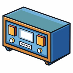 Obraz premium Retro blue and orange vintage radio receiver with dials and screen in isometric style for nostalgic electronics enthusiasts.