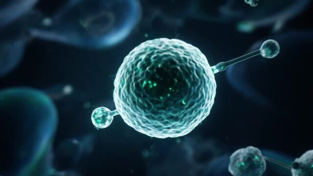 Scientific 3D illustration representing cellular structures and biological connections.