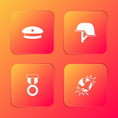 Naklejka premium Set Military beret, helmet, reward medal and Bomb explosive planet earth icon. Vector