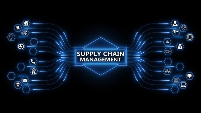 Supply chain management network animation with glowing data connections and technology icons, digital logistics and operations workflow concept