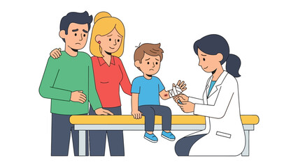 Medical Consultation: In a moment of care, a young patient and their concerned parents receive attention from a compassionate healthcare professional.