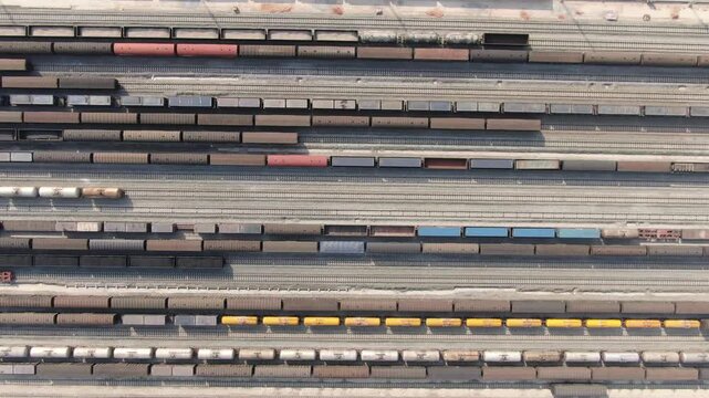 Aerial View of Freight Train Yard with Cargo Containers