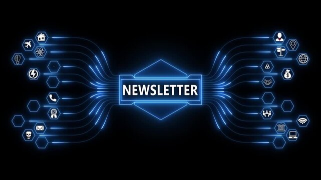 Newsletter network animation with glowing data connections and technology icons, digital email communication and content distribution concept