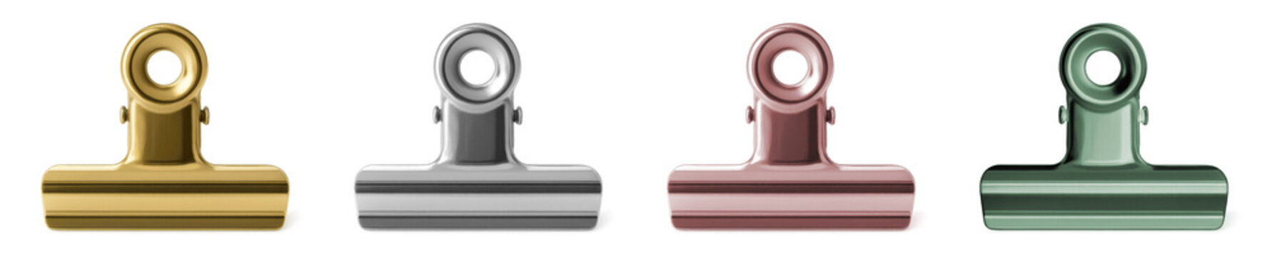 Metal binder clips in gold, silver, rose gold and green on transparent background for stationery and design use