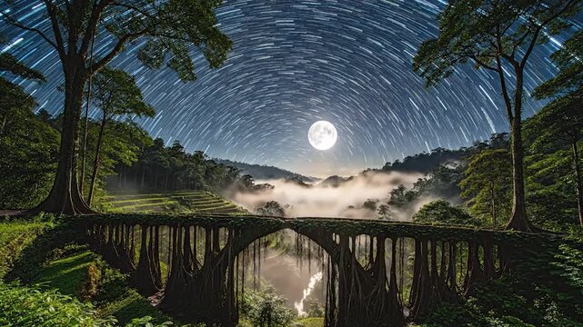 Enchanting moonlit jungle archway over mist-filled ravines, with star trails