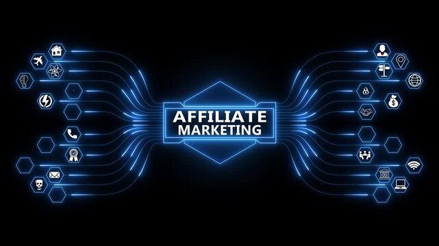 Performance driven network animation for affiliate marketing with glowing data connections and technology icons, digital revenue partnership concept