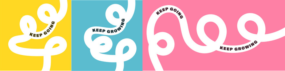 Naklejka premium Bold wavy line typography with keep going and keep growing quotes, modern abstract motivational poster design with thick white flowing lines