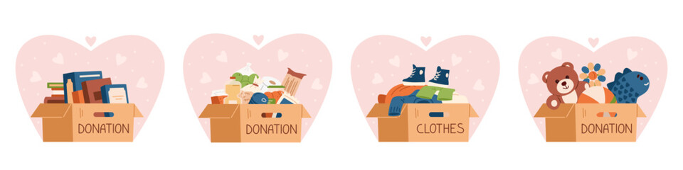 Cardboard boxes with donations books, food, clothes, toys surrounded with hearts flat vector illustrations set.