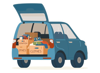 Car with open trunk with donation boxes inside flat vector illustration isolated on white. © Александра Гвардейце