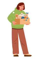 Woman volunteer standing with donation box with food flat vector illustration isolated on white.