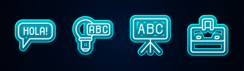 Set line Hola in different languages, Creative lamp light idea, Chalkboard and Briefcase. Glowing neon icon. Vector © vector_v