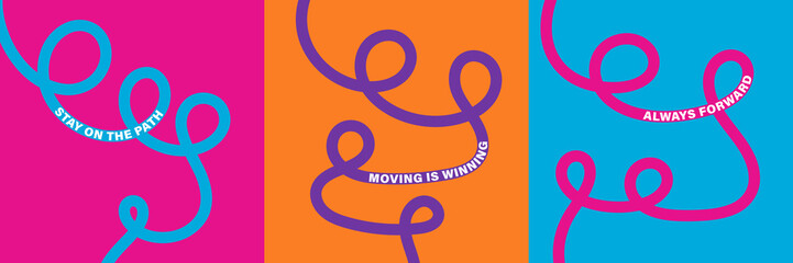 Fototapeta premium Bold wavy line typography with motivational movement quotes on vibrant backgrounds, modern abstract poster design. featuring vibrant colors, flowing wavy curved lines