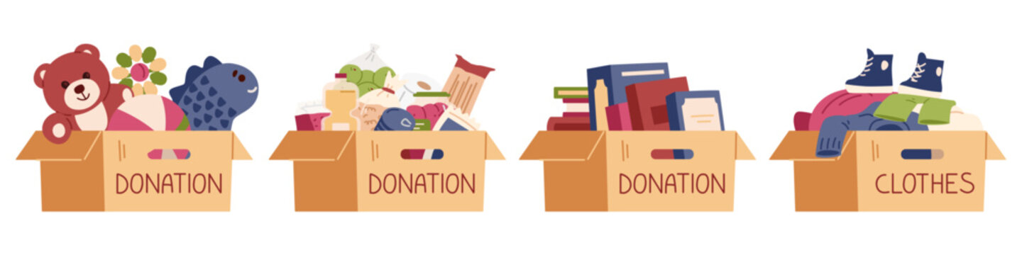 Different boxes with donations toys, food, clothes, books flat vector illustrations set isolated on white.