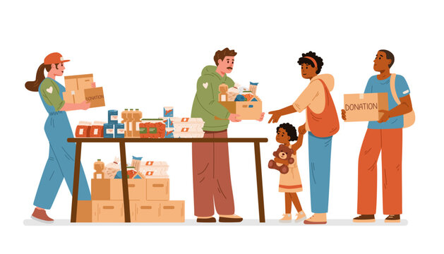 Volunteers giving food donation boxes to African American family in need flat vector illustration.