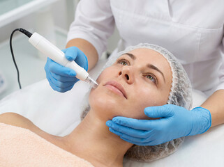 Naklejka premium Professional microneedling facial treatment with mesotherapy pen device on young woman's cheek in aesthetic clinic, close-up view of skincare procedure for rejuvenation