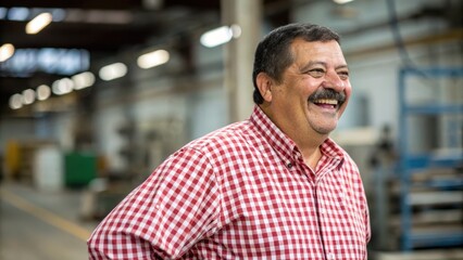 Fototapeta premium Joyful Man Smiling in Factory Setting with Industrial Background