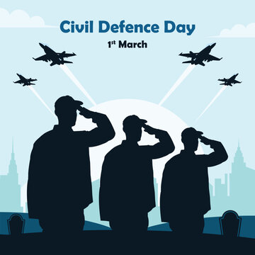 Civil Defence Day Salute &ndash; Professional Military Silhouette with Fighter Jet Flyover and Urban Skyline