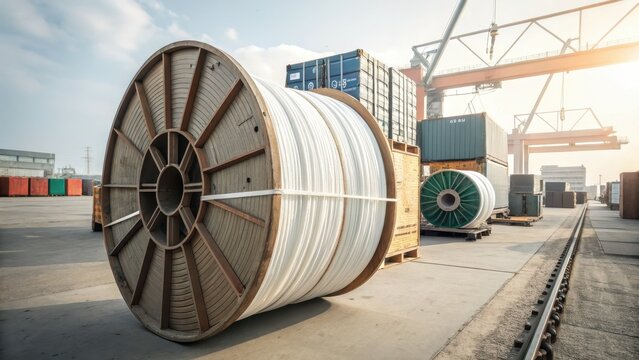 Large cable reel at a busy shipping port with containers in background