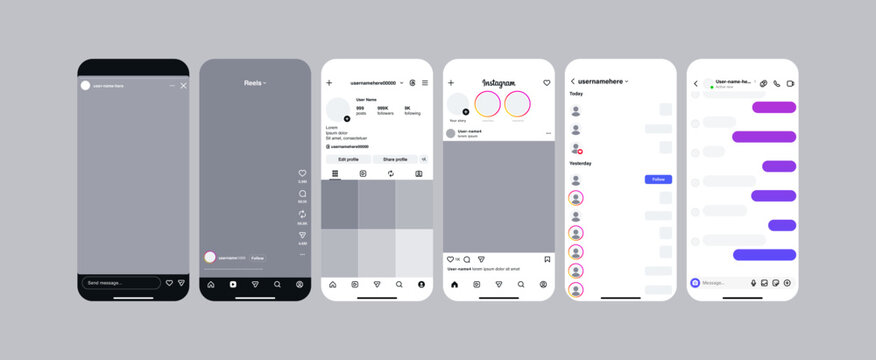 Instagram mockup. Social media mock up template. Set instagram app screen interface template on Iphone smartphone , new update instagram application for social network , Instagram post, story, reels