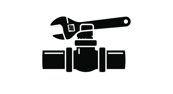 Black silhouette of a wrench adjusting a pipe valve on a white background