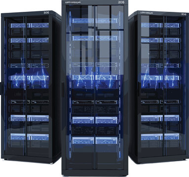 Modern server rack data center equipment with blue lights isolated illustration
