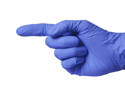 Surgeon hand glove pointing finger isolated on transparent layered background.