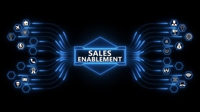 Sales enablement network animation with glowing data connections and technology icons, digital tools for revenue growth and team performance concept
