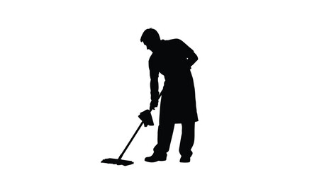 Silhouette of a janitor sweeping the floor against a white background