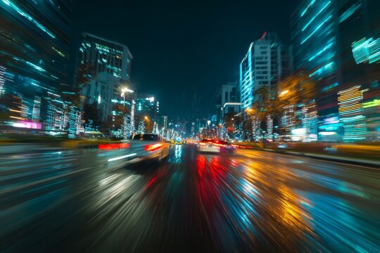 A dynamic long exposure of city traffic with fast-moving light streaks and blurred racing car effects.