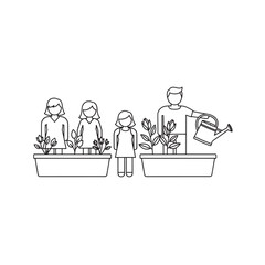 Family members tending plants in planters isolated on transparent background