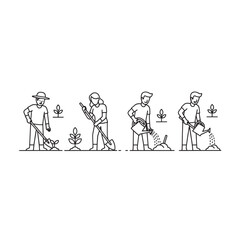 Vector illustration of a man planting and caring for a tree in four stages