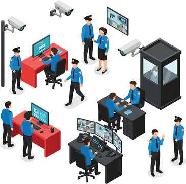 Isometric security control room with guards CCTV cameras monitoring and office desks