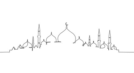 Elegant single line drawing of a mosque skyline featuring domes and minarets, symbolizing Islamic heritage and design. © Easin.1k