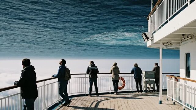 People leaning on wooden handrail of white ferry with inverted sky.