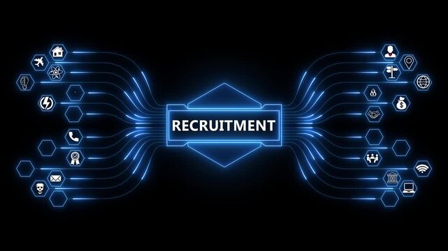Talent recruitment network animation with glowing data connections and technology icons, digital hiring process and workforce acquisition concept