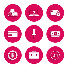 Set Push pin, Briefcase, Clock 24 hours, Stacks paper money cash, Cryptocurrency coin Bitcoin, Envelope, Credit card with and icon. Vector