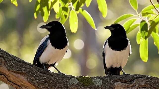 Two magpies perched on a branch with green foliage above