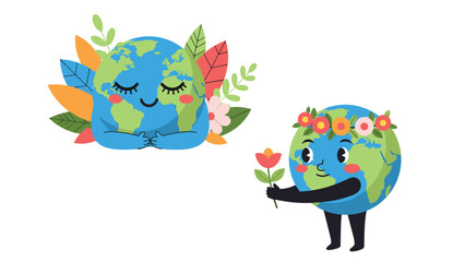 Fototapeta premium Two adorable personified earth characters with happy faces decorated with colorful flowers and green leaves for environment day.