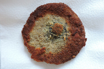 Fried breaded parasol mushroom cap on a white paper towel