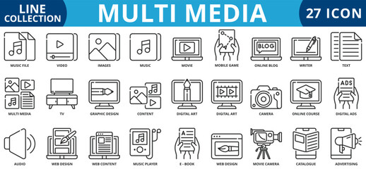 Multi media icon set outline style icon set collection vector illustration