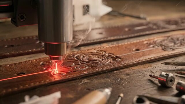 Closeup of laser engraving delicate patterns on leather belts showcasing artisanal techniques and advanced technology in fashion accessory production.