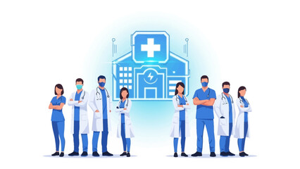 Healthcare Heroes: A team of medical professionals, united by a shared dedication to healing, stands proudly in front of a modern medical facility, symbolizing compassion and expertise. © azizunnahar
