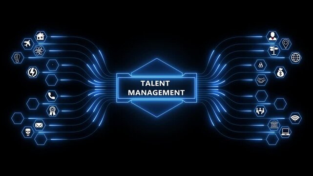 Talent management network animation with glowing data connections and technology icons, digital workforce development and performance strategy concept