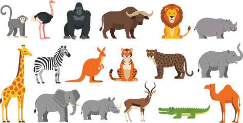Obraz premium Wild safari animals set with lion elephant giraffe zebra tiger and crocodile