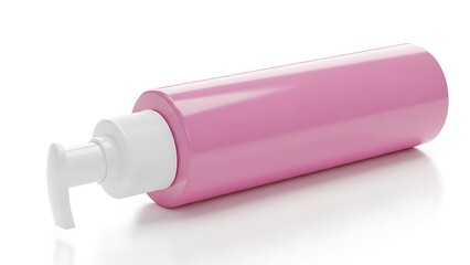 Pink pump bottle dispenser on a plain background
