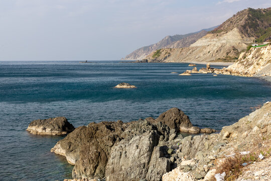 The coast of Samandag, where the Amanos Mountains meet the Mediterranean Sea. The shores of Turkey's Hatay city, Samandag district. The effect of strong winds on the surface of the sea.