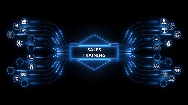 Sales training network animation with glowing data connections and technology icons, digital learning and revenue skill development concept