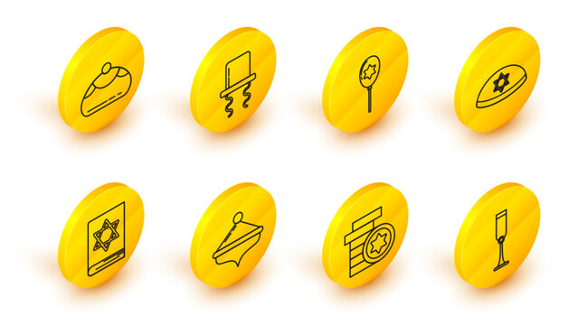 Set line Jewish goblet, coin, Hanukkah dreidel, torah book, kippah with star of david, Balloons ribbon, Orthodox jewish hat sidelocks and sweet bakery icon. Vector