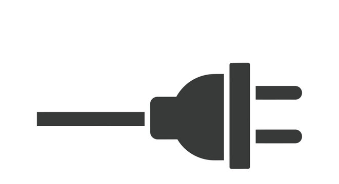 Simple black silhouette of a standard electrical plug against a white background