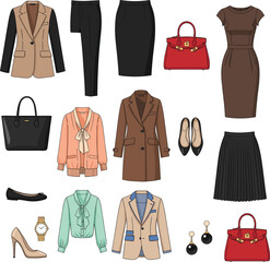 Women business wardrobe set with office clothes handbags shoes accessories and outfits